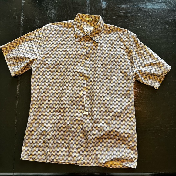 Vintage Burma Bidas Medium Gold and Blue Brown Vacation Hawaiian Button Down - Picture 1 of 7